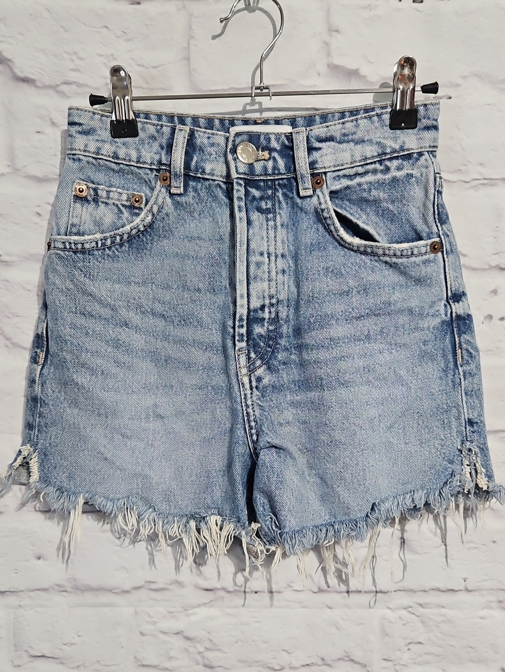 Zara Light Wash Frayed Hem Button Fly Denim Shorts